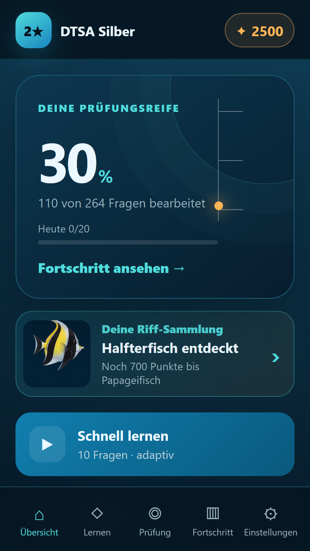 Silver-App: Themenauswahl und Lernfortschritt